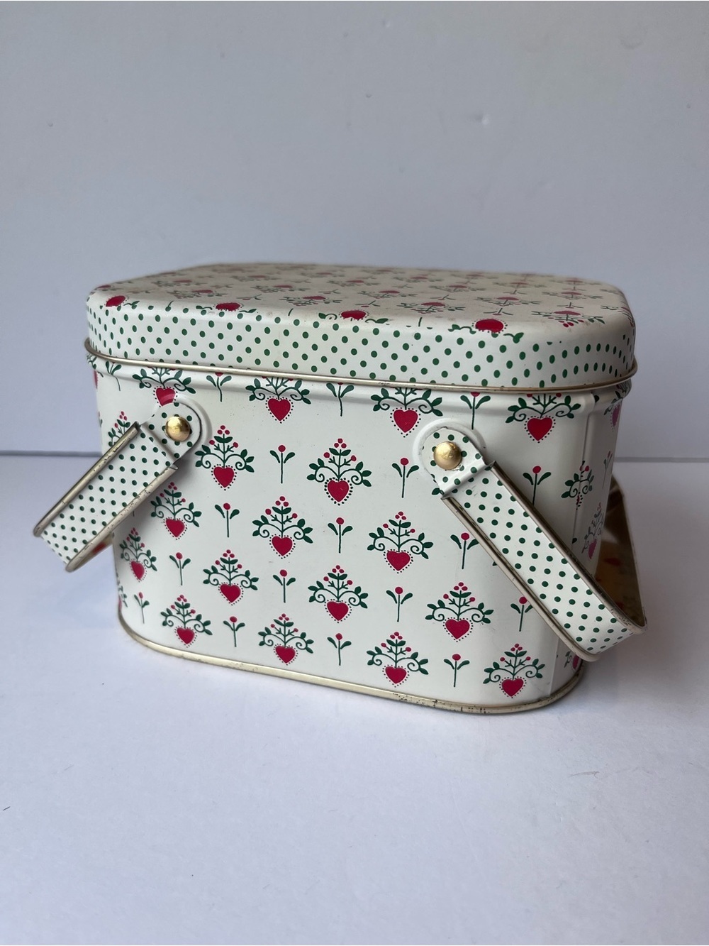 Vintage Department 56 Metal Tin Box Farmhouse Cottagecore Prairie Red Hearts